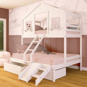 Beliche Casal/ Solteiro Casinha Dos Sonhos Com Gavetas Kit Escada/ Escorregador Madeira Maciça Branco/ Rosa Megamobilia
