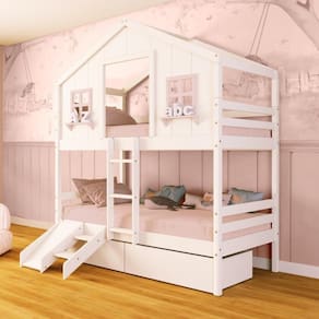 Beliche Casinha Dos Sonhos Com 02 Gavetas Kit Escada/ Escorregador Madeira Maciça Branco/ Rosa Megamobilia