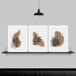 Kit 3 Quadros Folhas Escandinavas 24X18 Com Vidro - Branca