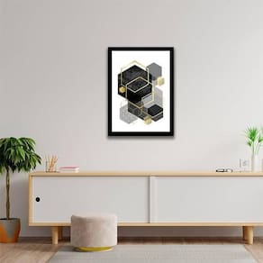 Quadro Geométrico Hexágonos Preto E Cinza 24X18 Vidro Preta