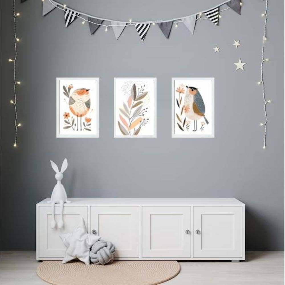 Kit 3 Quadros Quarto Infantil Tema Passarinhos E Flores
