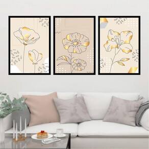 Kit 3 Quadros Abstrato Flor Rosa Dourada 33X24 Moldura Preta