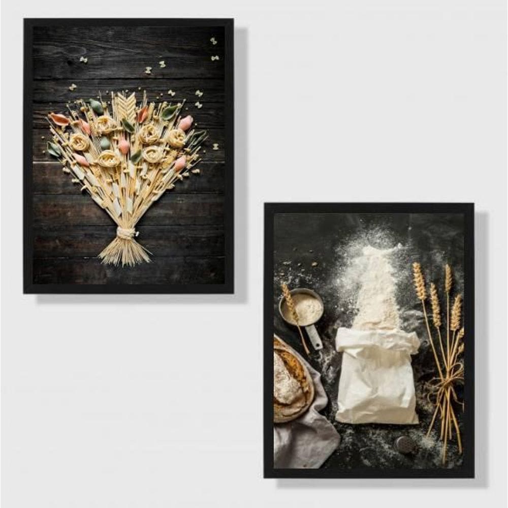 Kit 2 Quadros Cozinha Massas E Trigo 33X24Cm Moldura Preta