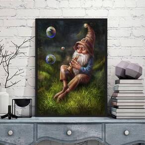 Quadro Decorativo Gnomo Floresta 45X34Cm Moldura Preta