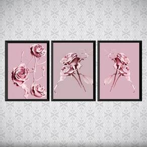Kit 3 Quadros Flores Rosas 33x24cm Moldura Branca