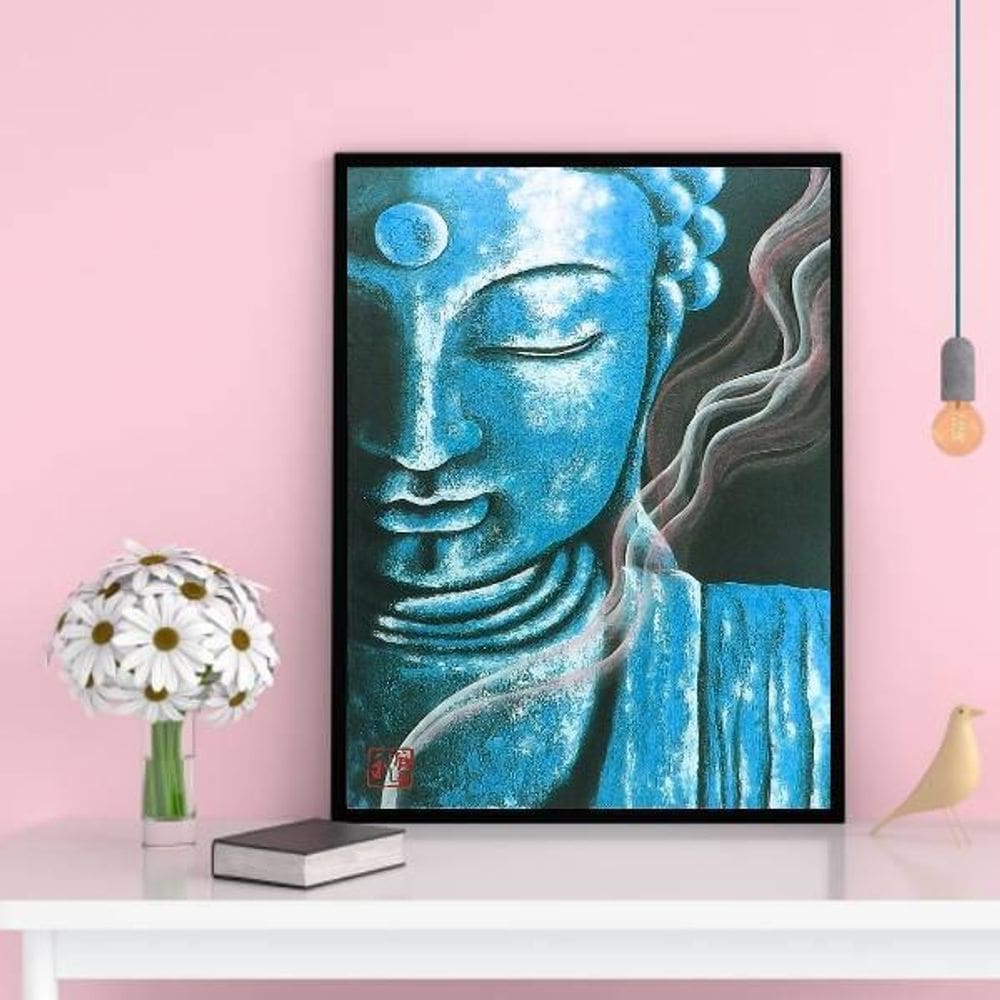 Quadro Decorativo Buda Azul 33X24Cm - Madeira Preta