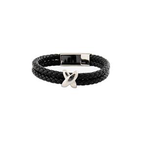 Pulseira Rosso Couro Preto Trançado Placa Aço