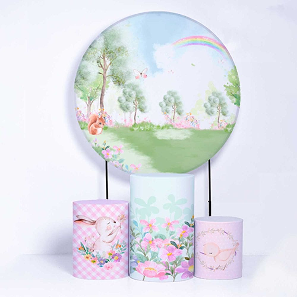 Kit Painel de Festa Redondo de 1,80m e Trio de Cilindros Jardim Encantado - Fera Print