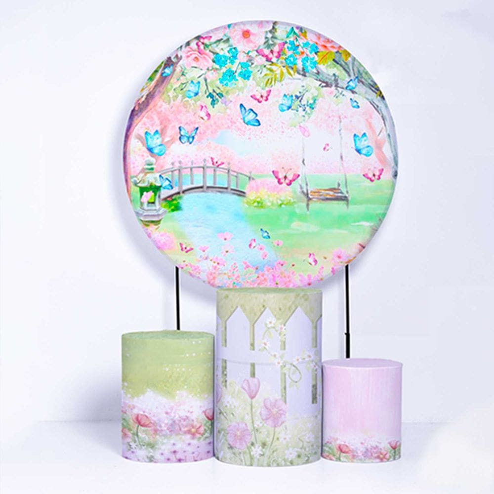 Kit Painel de Festa Redondo de 1,50m e Trio de Cilindros Jardim Encantado - Fera Print