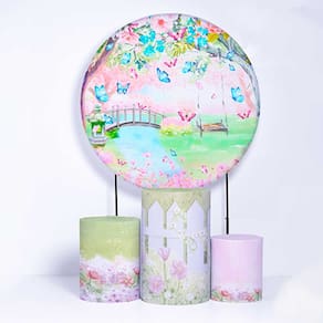 Kit Painel de Festa Redondo de 1,50m e Trio de Cilindros Jardim Encantado - Fera Print