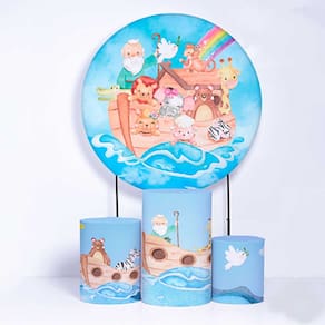 Kit Painel de Festa Redondo de 1,30m e Trio de Cilindros Arca de Noé - Fera Print