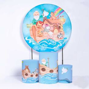 Kit Painel de Festa Redondo de 1,80m e Trio de Cilindros Arca de Noé - Fera Print