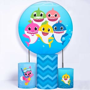 Kit Painel de Festa Redondo de 1,30m e Trio de Cilindros Baby Shark - Fera Print