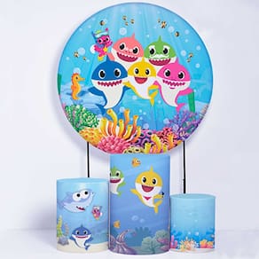 Kit Painel de Festa Redondo de 1,80m e Trio de Cilindros Baby Shark - Fera Print