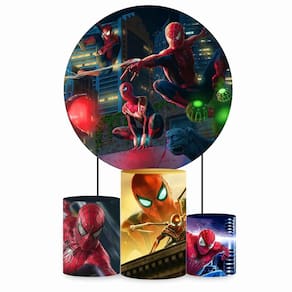 Kit Painel de Festa Redondo de 1,30m e Trio de Cilindros Homem Aranha - Fera Print