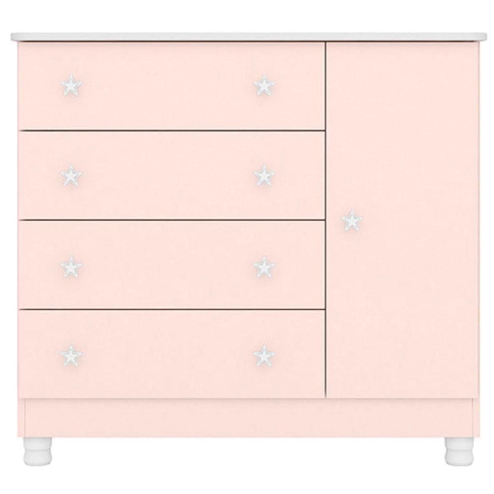 Cômoda Sapateira Infantil 1 Porta 4 Gavetas C/ Pés Doce Mel Rosa