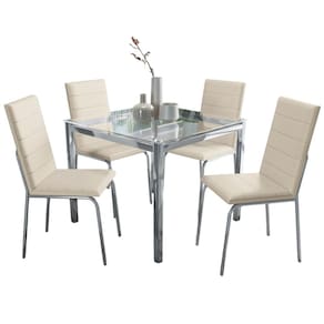 Conjunto Sala de Jantar 4 Cadeiras Mesa Tampo de Vidro Kappesberg Crome Cromado/Bege