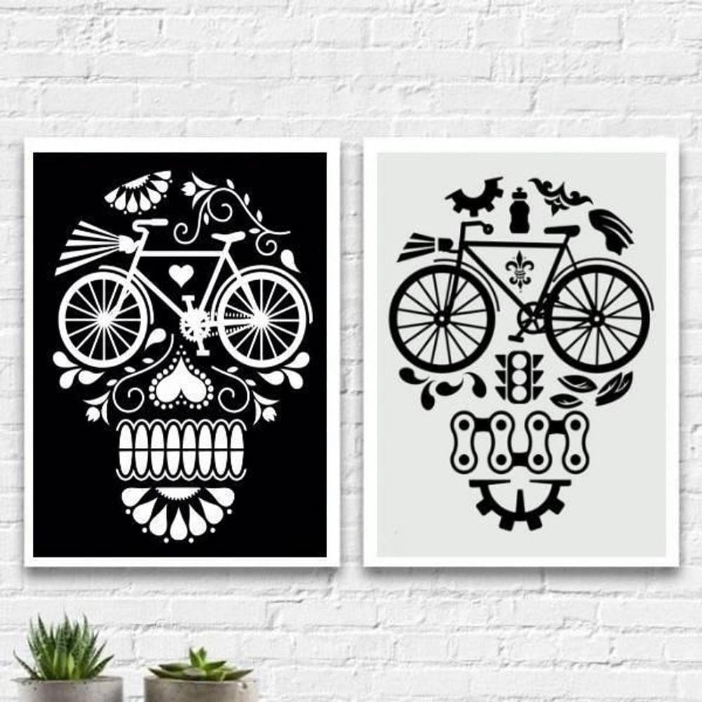 Kit 2 Quadros Caveiras Bicicletas 33X24Cm - Com Vidro