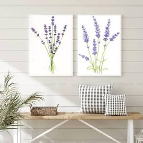 Kit 2 Quadros Decorativos Ramos Lavanda 33X24 C/Vidro Branca