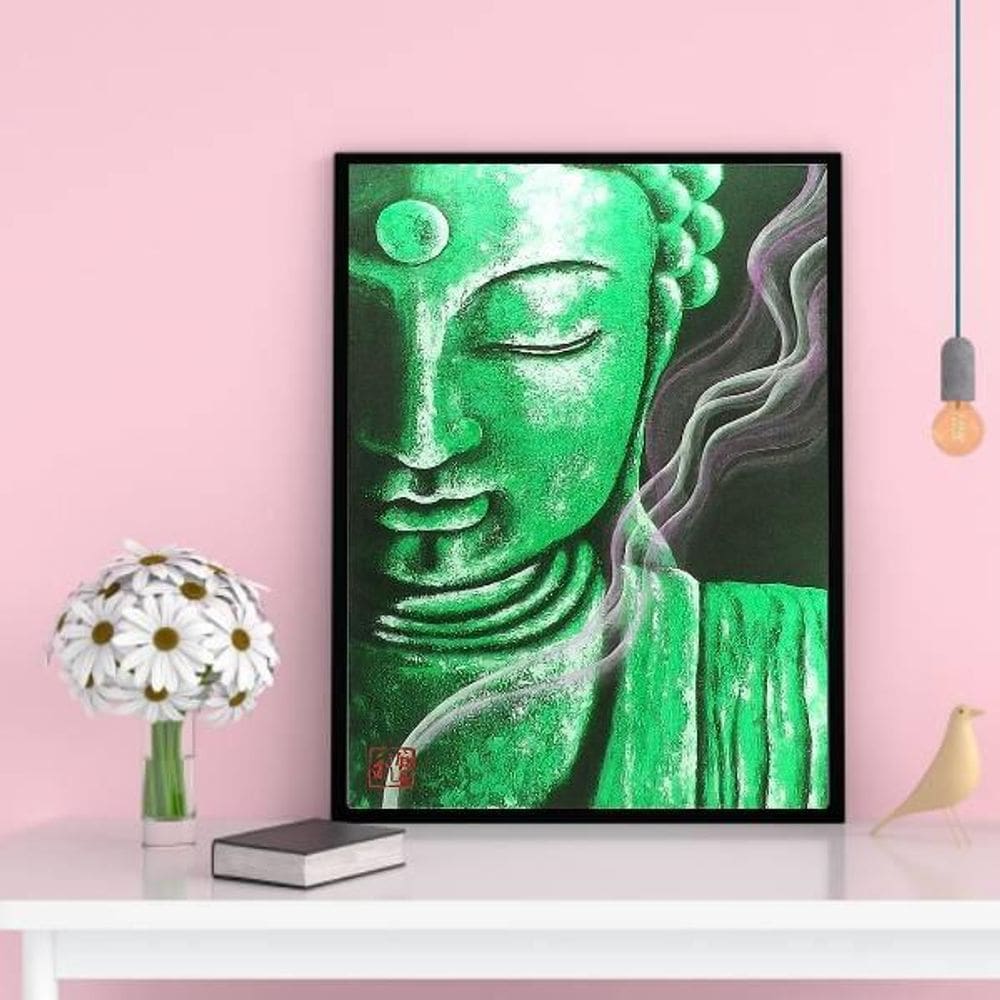Quadro Decorativo Buda Verde 45X34Cm - Madeira Preta