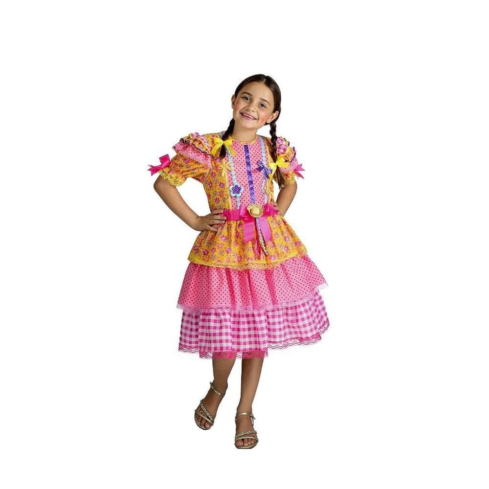 Vestido Junino Bambolê Floral Com Calção Amarelo e Rosa