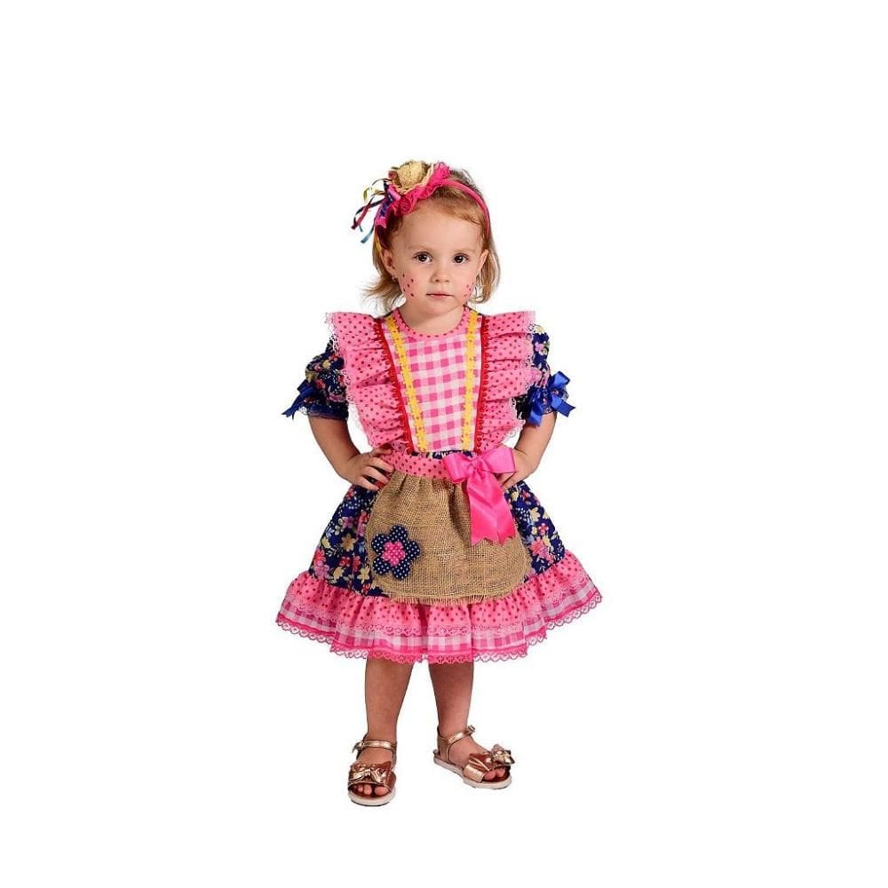 Vestido Junino Bambolê Floral Com Avental e Tiara Azul Rosa