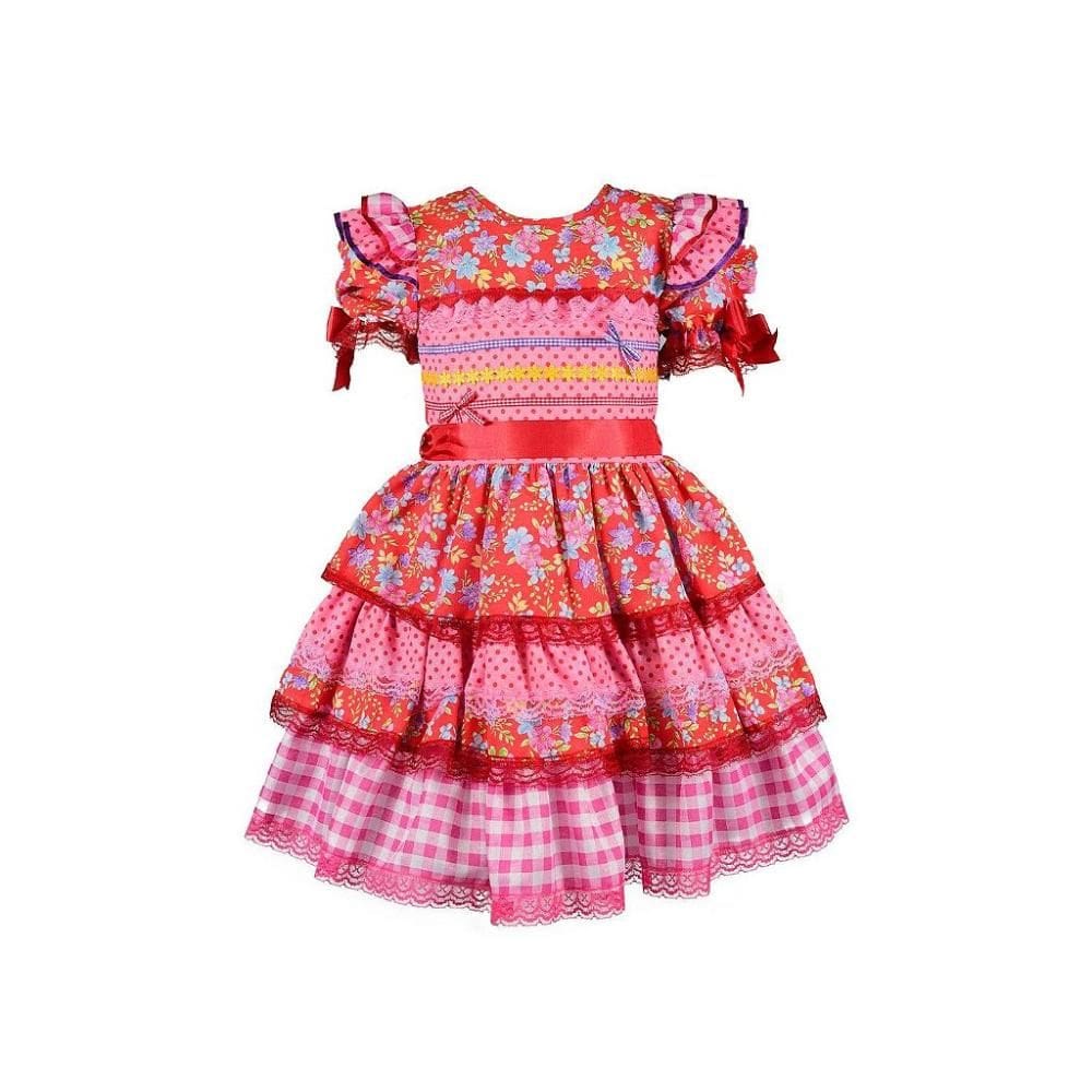 Vestido Junino Bambolê Floral Com Calção Vermelho e Rosa