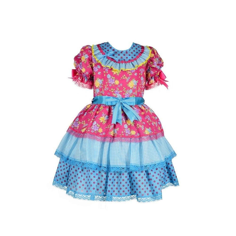 Vestido Junino Bambolê Floral Com Calção Turquesa e Rosa