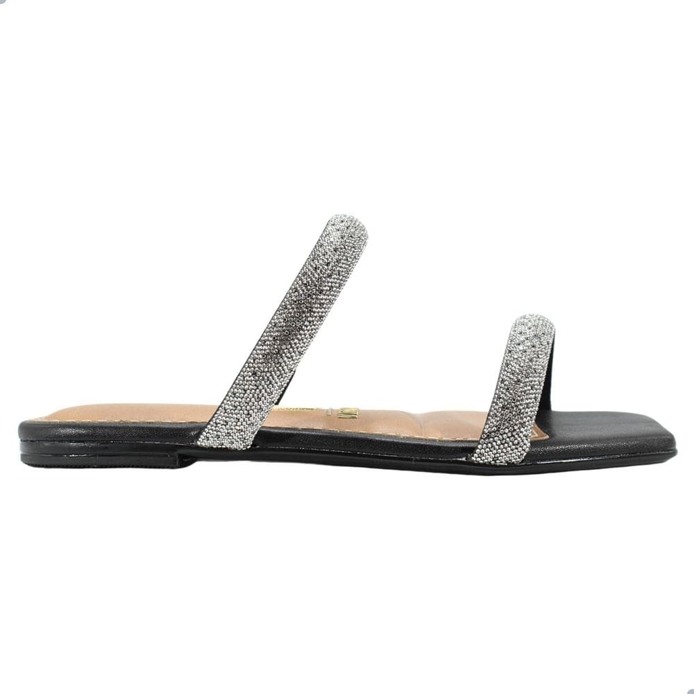 Tamanco Rasteira Feminino Vizzano London Pelica Cristal Jet Hematite Preto