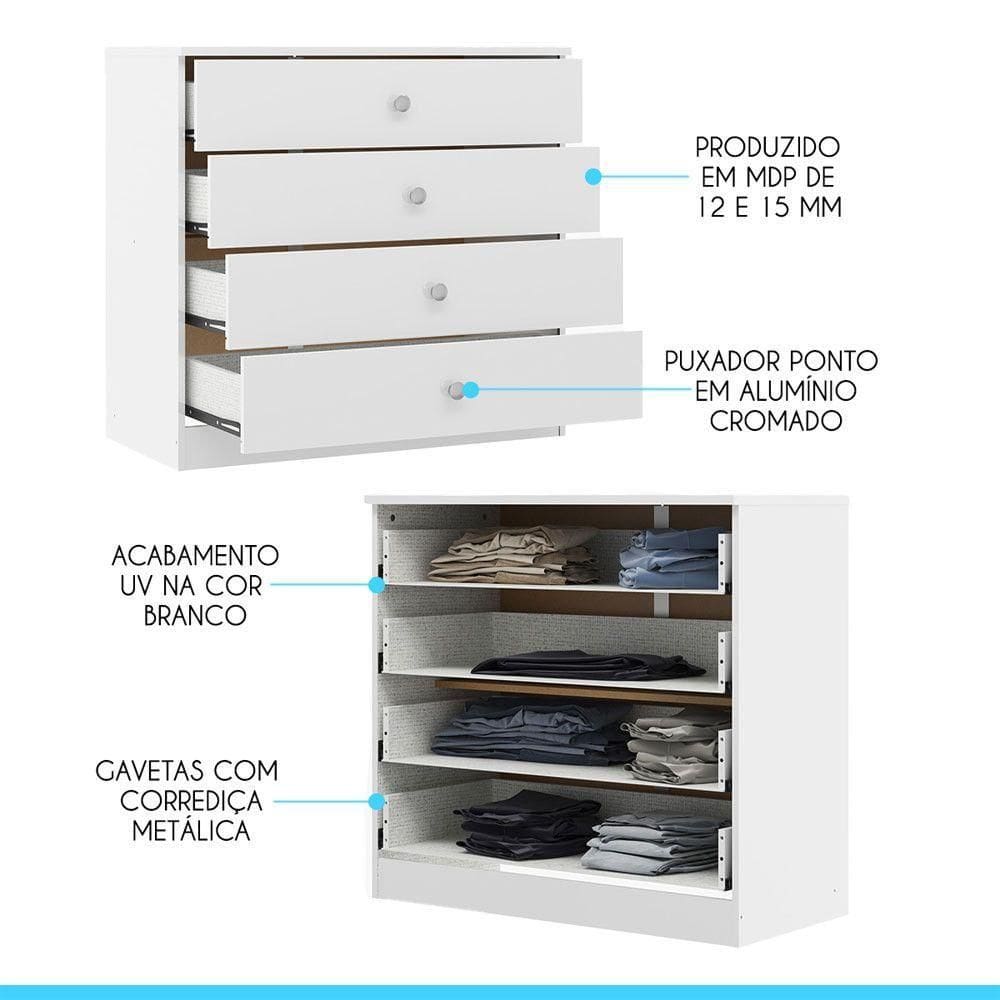 Cômoda Para Quarto London 4 Gvts 75x69cm Branco Menu Móveis Branco