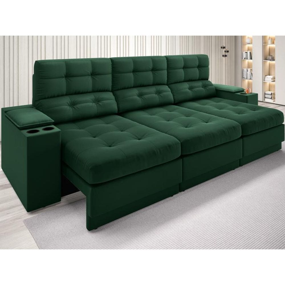 Sofá com Porta Copos e Carregador USB Eureka 2,30m Assento Retrátil e Reclinável Velosuede Verde - NETSOFAS
