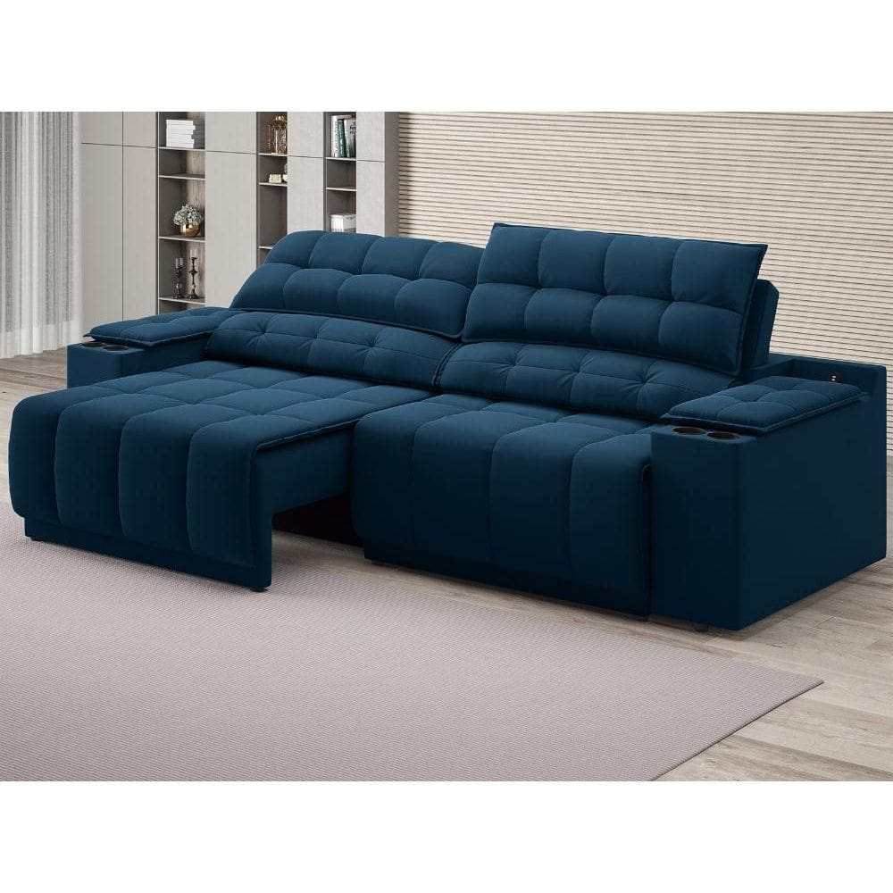 Sofá com Porta Copos Carregador USB Ret Rec Samurai 2,50m Velosuede Petróleo - NETSOFAS