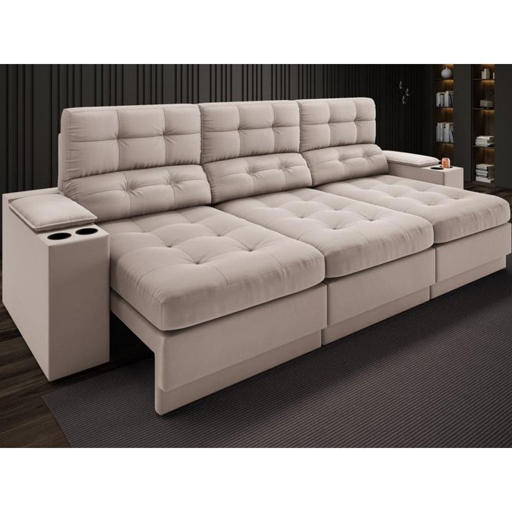 Sofá com Porta Copos e Carregador USB Eureka 2,30m Assento Retrátil e Reclinável Velosuede Bege - NETSOFAS
