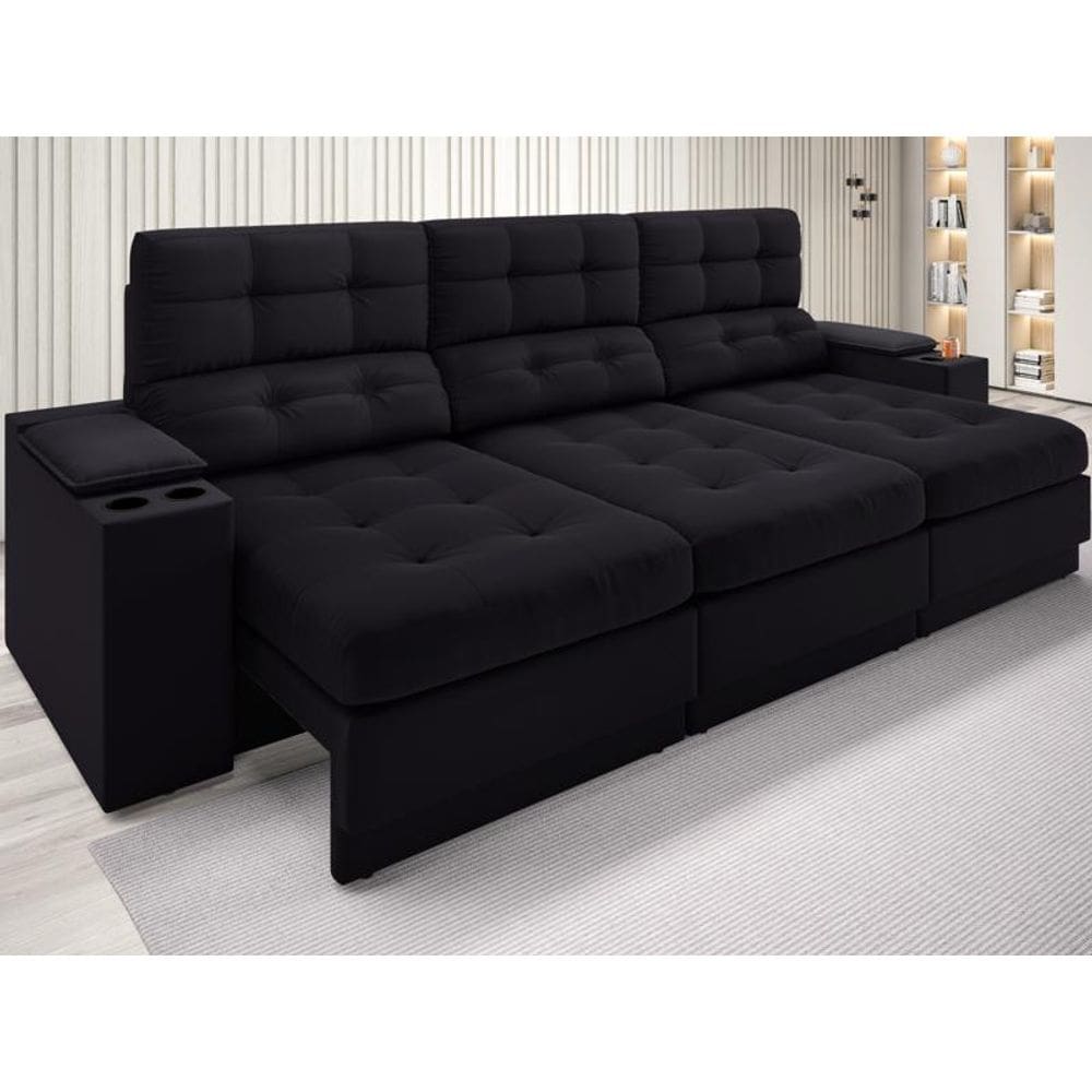 Sofá com Porta Copos e Carregador USB Eureka 2,30m Assento Retrátil e Reclinável Velosuede Preto - NETSOFAS