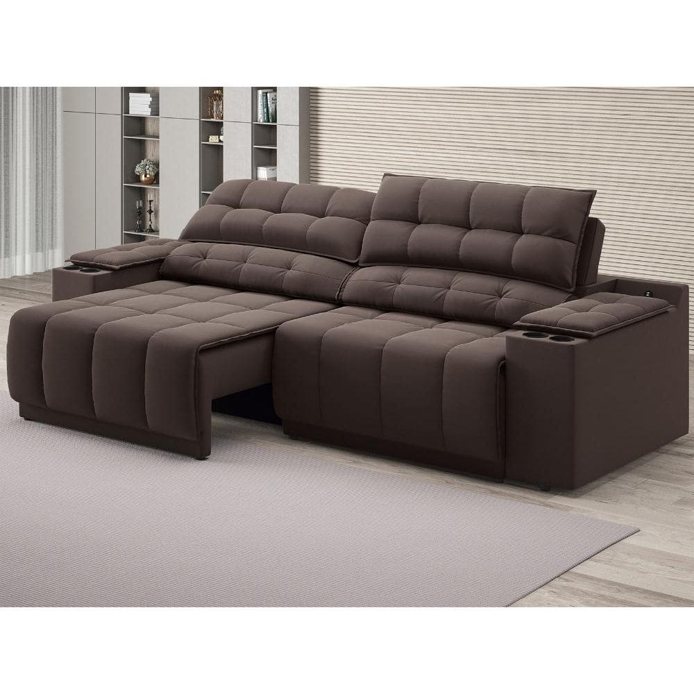 Sofá com Porta Copos Carregador USB Ret Rec Samurai 2,50m Velosuede Chocolate - NETSOFAS