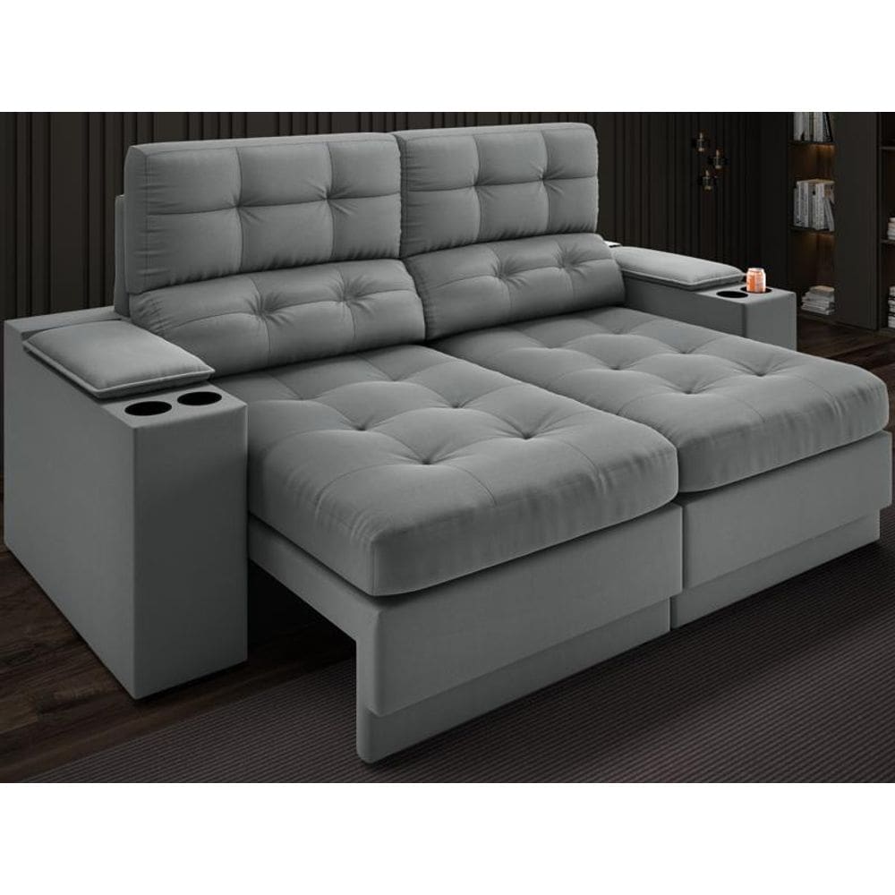 Sofá com Porta Copos e Carregador USB Eureka 1,70m Assento Retrátil e Reclinável Velosuede Grafite - NETSOFAS