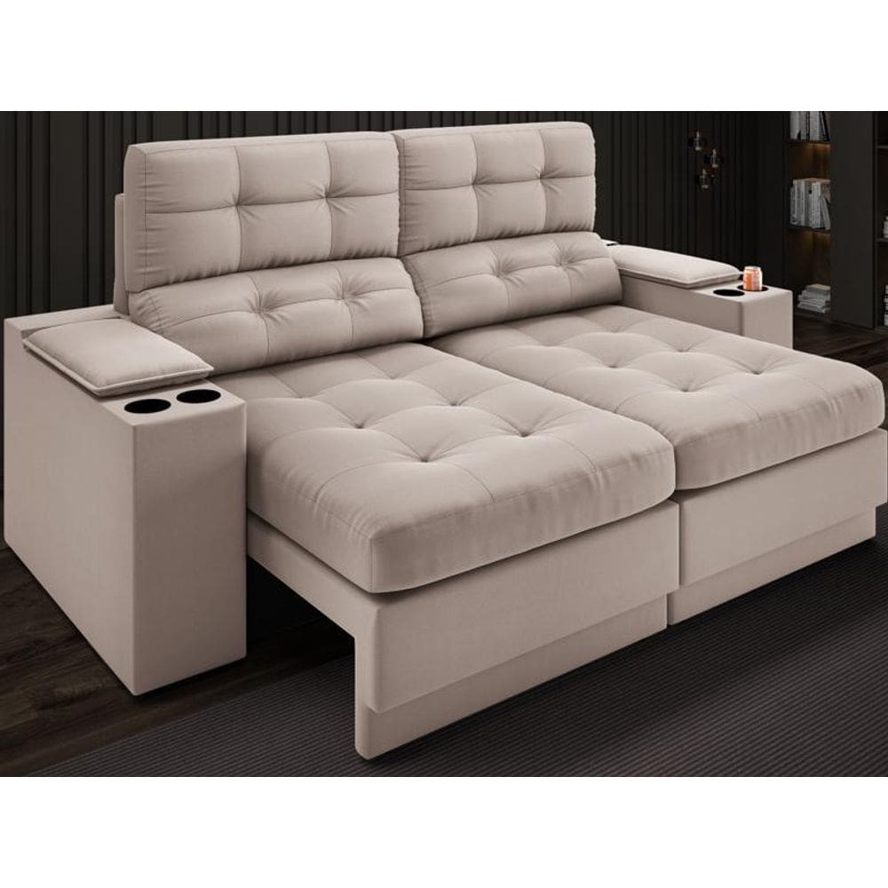 Sofá com Porta Copos e Carregador USB Eureka 1,70m Assento Retrátil e Reclinável Velosuede Bege - NETSOFAS