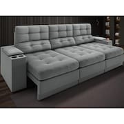 Sofá com Porta Copos e Carregador USB Eureka 2,30m Assento Retrátil e Reclinável Velosuede Grafite - NETSOFAS