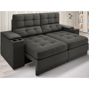Sofá com Porta Copos e Carregador USB Eureka 1,70m Assento Retrátil e Reclinável Velosuede Cinza - NETSOFAS