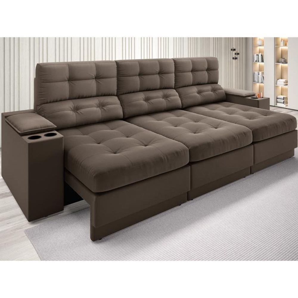 Sofá com Porta Copos e Carregador USB Eureka 2,30m Assento Retrátil e Reclinável Velosuede Marrom - NETSOFAS