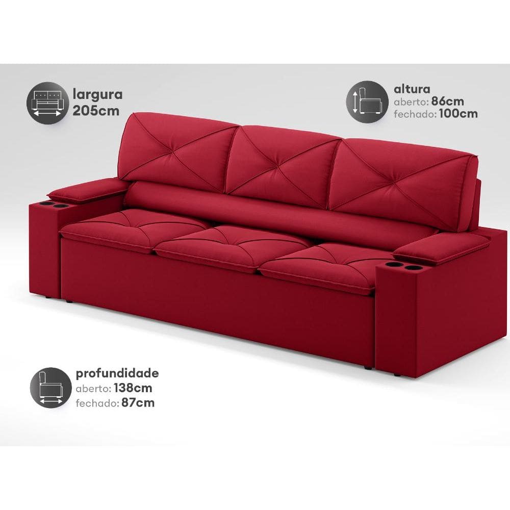 Sofá com Porta Copos Retrátil e Reclinável Pop 2,05m Velosuede Vermelho - NETSOFAS
