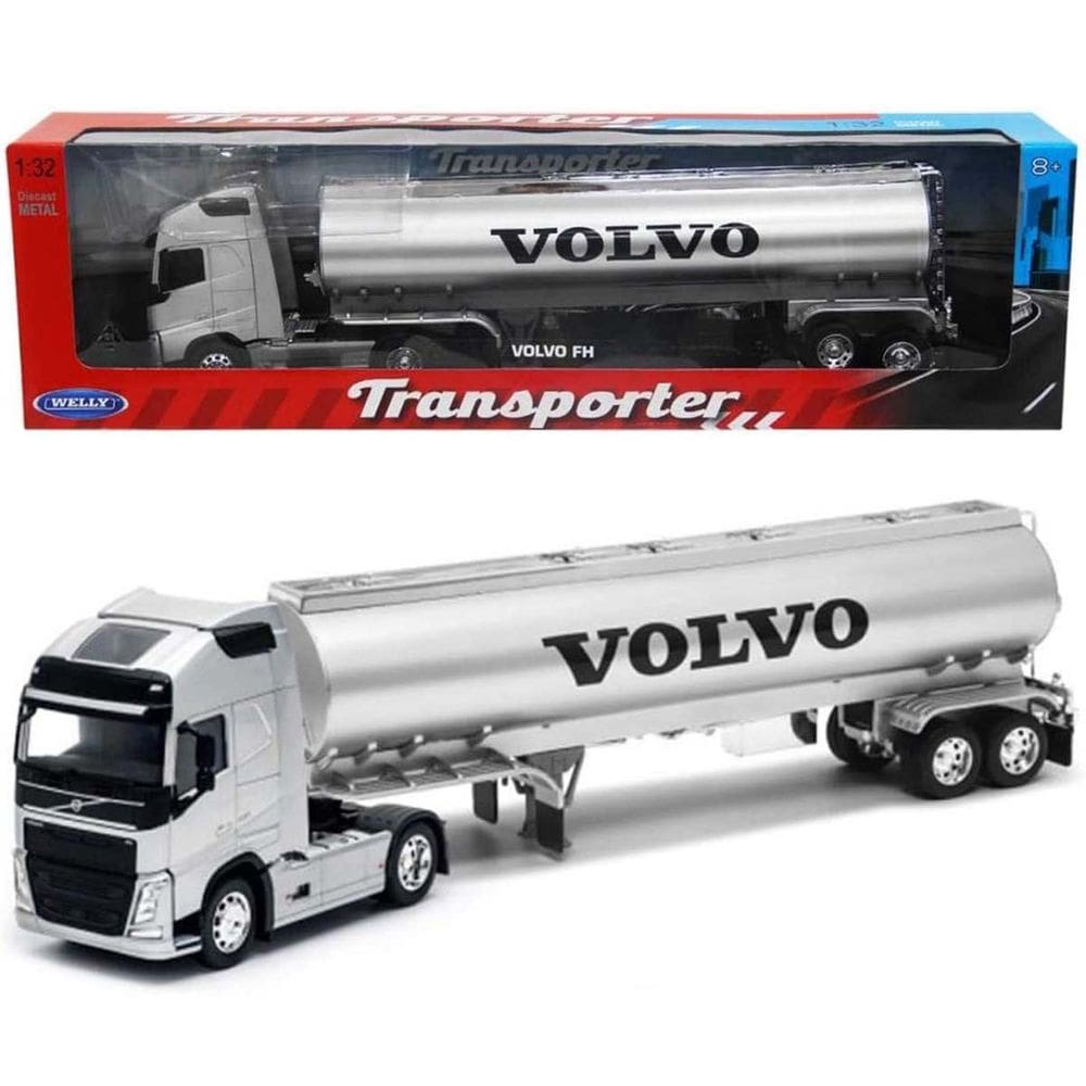 Miniatura Welly Caminhao Volvo FH 4x2 C/ Tanque Transporter 1/32 Die-Cast Prata