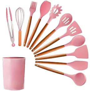 Kit 12 Utensílios de Silicone com Cabo de Madeira Conjunto para Cozinha Antiaderente