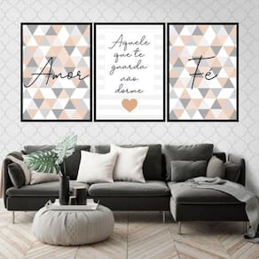 Kit 3 Quadros Fé Amor Triângulos Marrom 33X24 Moldura Preta