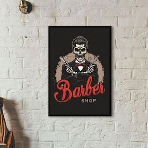 Quadro Decorativo Skull Barber Shop Moldura Preta 24X18Cm