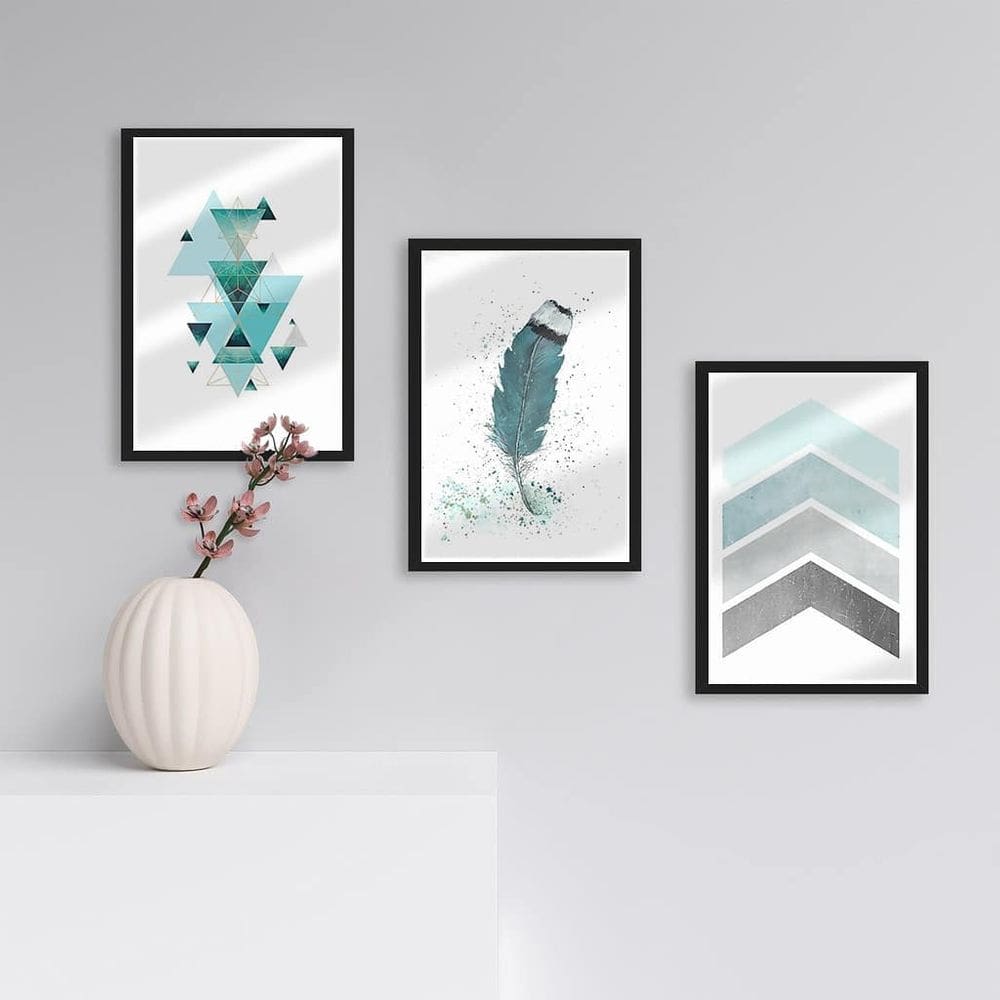 Quadro Decorativo Turquesa Ice Moldura e Vidro 33x25 3pç