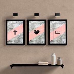 Quadro Decorativo Triptico da Fe Moldura e Vidro 33x25 3pç
