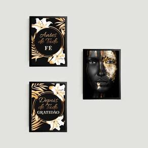 Kit 3 Quadros Fé E Gratidão Mulher Negra 33X24Cm - Com Vidro