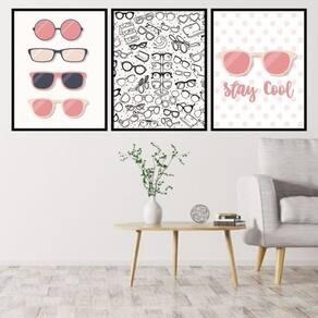 Kit 3 Quadros Óculos Stay Cool 45X34Cm Vidro Moldura Preta