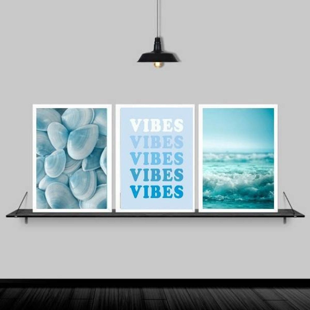Kit 3 Quadros Azuis Mar Vibes 33X24Cm - Com Vidro